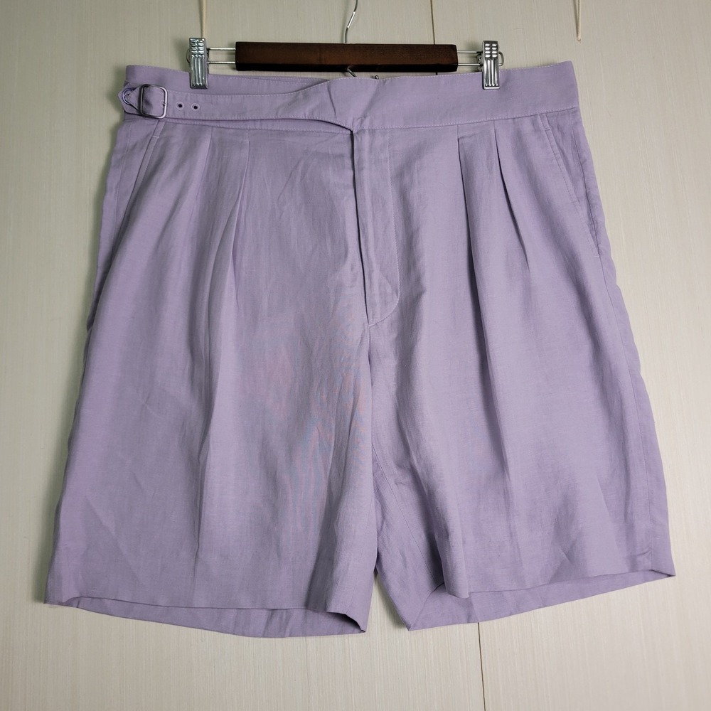Ralph Lauren Purple Label Ghurka Buckle Silk Linen Shorts Mens 32 Lavender $595